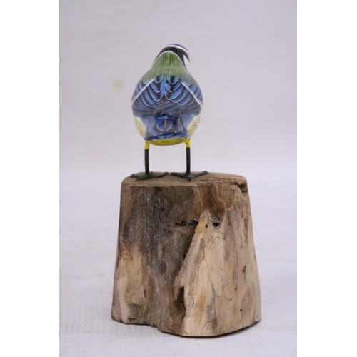 257 - A WOODEN BLUE TIT ON A WOODEN BASE, HEIGHT 15CM