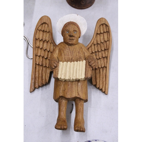 273 - A GLAZED POTTERY JUG AND A WOODEN ANGEL