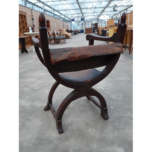 2913 - AN 18TH CENTURY STYLE OAK X FRAMED CHAIR WITH LEATHER BACK AND SEAT