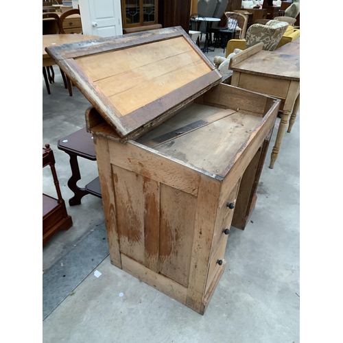 2937 - VICTORIAN PINE CLERKS DESK ENCLOSING THREE DRAWERS AND A CUPBOARD