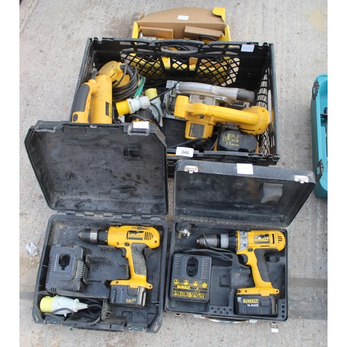 340 - ASSORTED DEWALT BOX OF 3 DRILLS, SANDER, JIGSAW, ROUTER AND CIRCULAR SAW  NO VAT