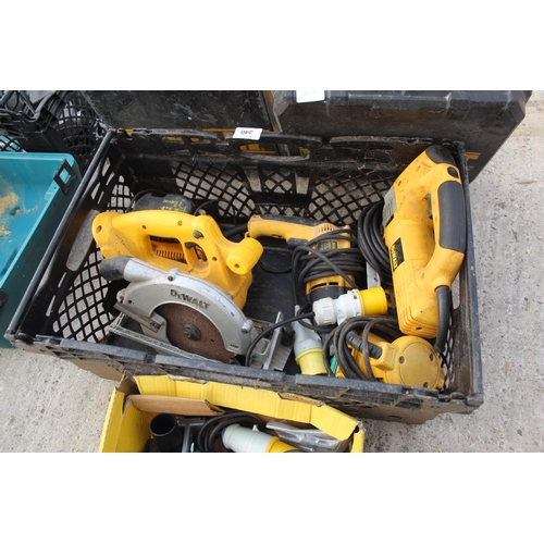 340 - ASSORTED DEWALT BOX OF 3 DRILLS, SANDER, JIGSAW, ROUTER AND CIRCULAR SAW  NO VAT