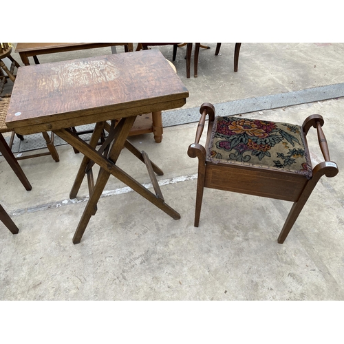 2532 - AN EDWARDIAN MAHOGANY AND INLAID MUSIC STOOL AND SMALL FOLDING TABLE