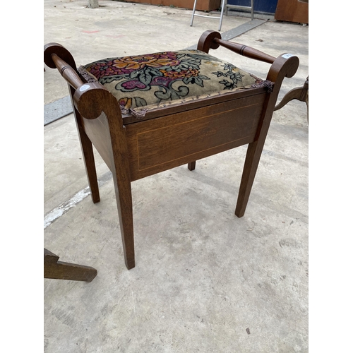 2532 - AN EDWARDIAN MAHOGANY AND INLAID MUSIC STOOL AND SMALL FOLDING TABLE