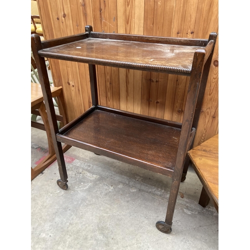 2536 - AN OAK NEST OF TWO TABLES, OAK TROLLEY AND HEXAGONAL INLAID COFFEE TABLE