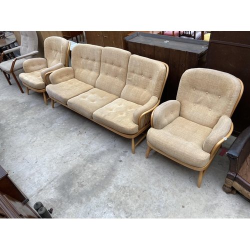 2539 - AN ERCOL JUBILEE THREE PIECE SUITE COMPRISING THREE SEATER SETTEE AND TWO EASY CHAIRS