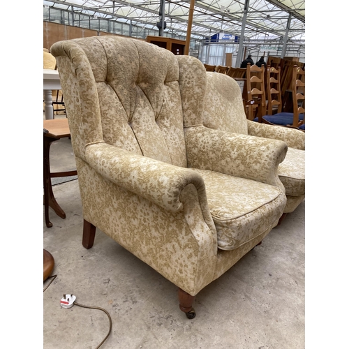 2546 - A VICTORIAN STYLE EASY CHAIR AND SIMILAR WING BACK CHAIR, BOTH ON TURNED FRONT LEGS