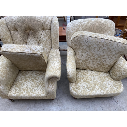 2546 - A VICTORIAN STYLE EASY CHAIR AND SIMILAR WING BACK CHAIR, BOTH ON TURNED FRONT LEGS