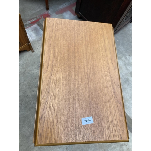 2553 - A RETRO TEAK DROP LEAF TABLE WITH DRAWER, 23