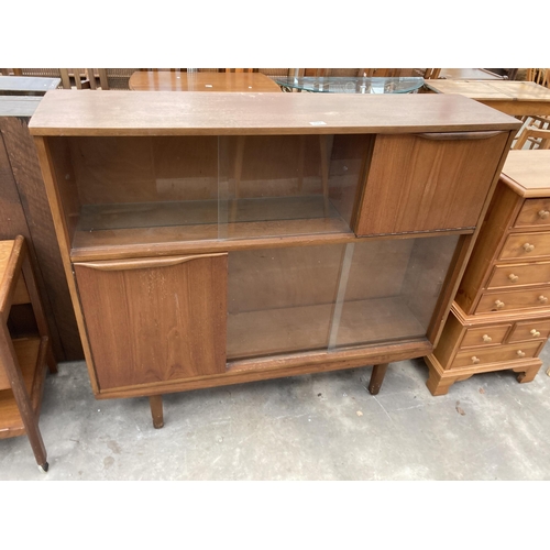 2562 - A RETRO TEAK BUREAU BOOKCASE WITH GLASS SLIDING DOORS, 48