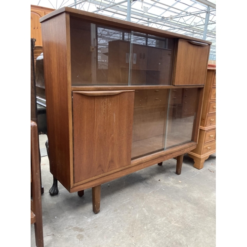 2562 - A RETRO TEAK BUREAU BOOKCASE WITH GLASS SLIDING DOORS, 48