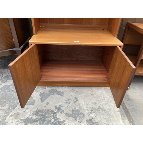 2564 - A RETRO TEAK FOUR TIER OPEN BOOKCASE WITH CUPBOARDS TO BASE, 32