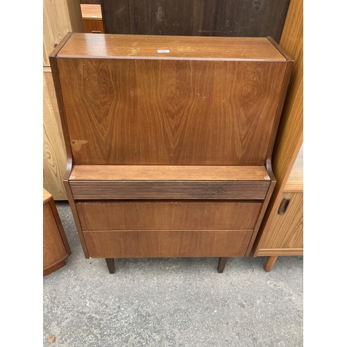 2568 - A RETRO TEAK BUREAU WITH THREE DRAWERS TO BASE, 30