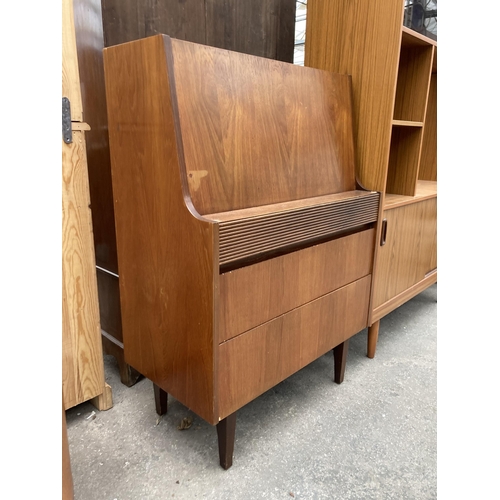 2568 - A RETRO TEAK BUREAU WITH THREE DRAWERS TO BASE, 30