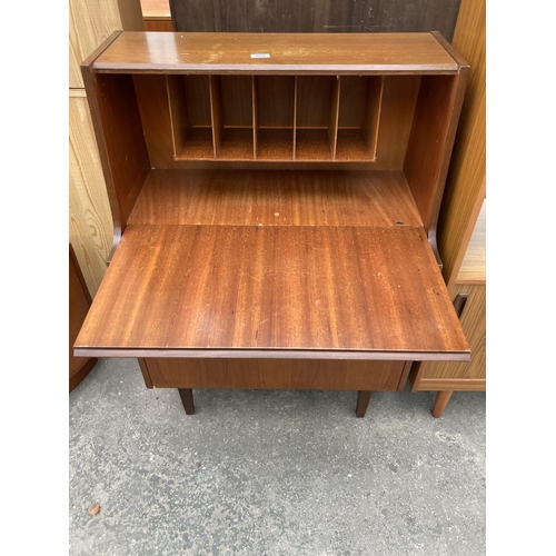 2568 - A RETRO TEAK BUREAU WITH THREE DRAWERS TO BASE, 30