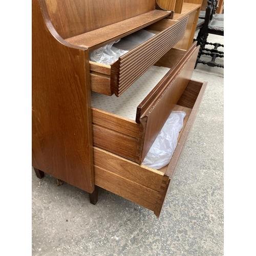 2568 - A RETRO TEAK BUREAU WITH THREE DRAWERS TO BASE, 30