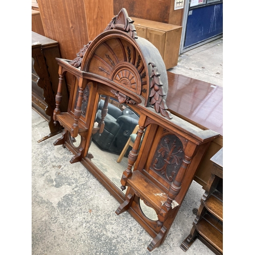 2585 - A VICTORIAN ARCHED TOP SIDEBOARD, MIRRORED BACK AND THREE TIER DRESSER RACK