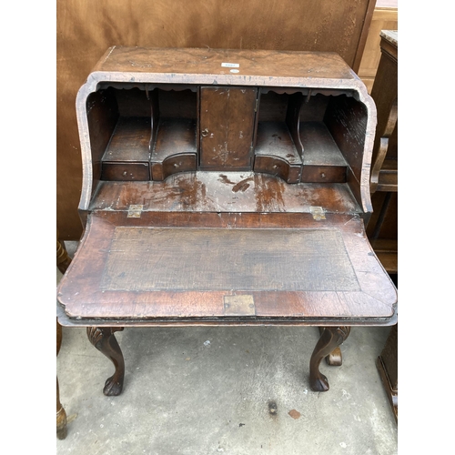 2587 - AN EARLY 20TH CENTURY WALNUT AND CROSSBANDED BUREAU ON CABRIOLE LEGS, 26.5