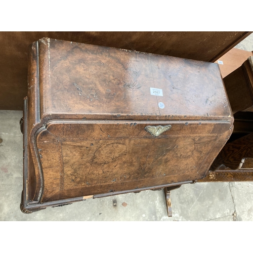 2587 - AN EARLY 20TH CENTURY WALNUT AND CROSSBANDED BUREAU ON CABRIOLE LEGS, 26.5