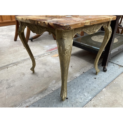 2592 - A LAMP TABLE WITH NATURAL STONE MOSAIC TOP ON BRASS BASE, 18