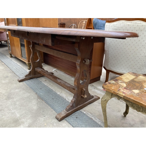 2593 - AN OAK REFECTORY STYLE EXTENDING DINING TABLE, 56