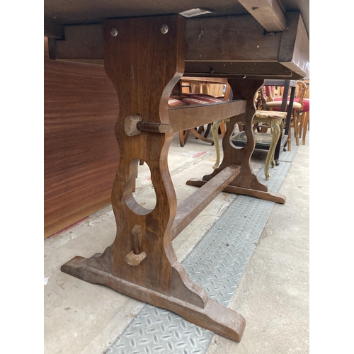 2593 - AN OAK REFECTORY STYLE EXTENDING DINING TABLE, 56