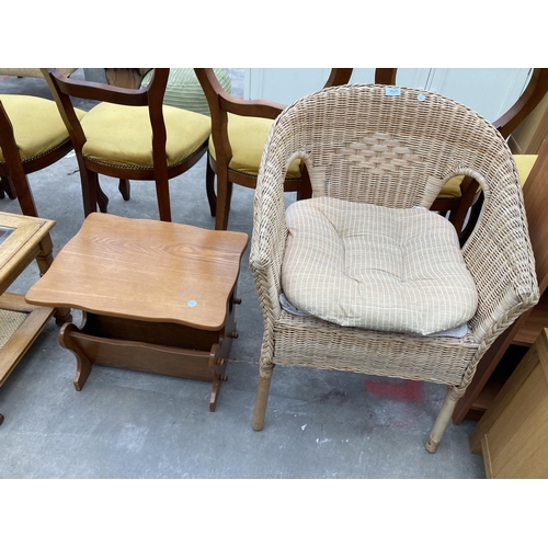 2625 - A WICKER CONSERVATORY CHAIR AND MAGAZINE RACK/TABLE