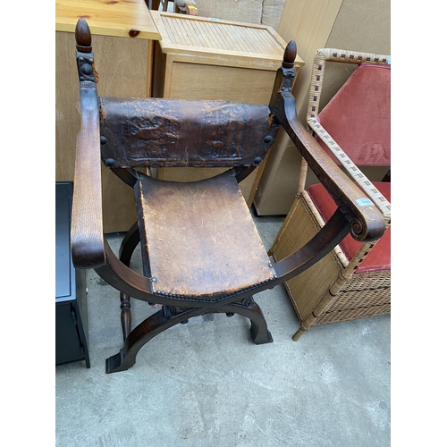 2640 - AN 18TH CENTURY STYLE OAK X FRAMED CHAIR WITH LEATHER BACK AND SEAT