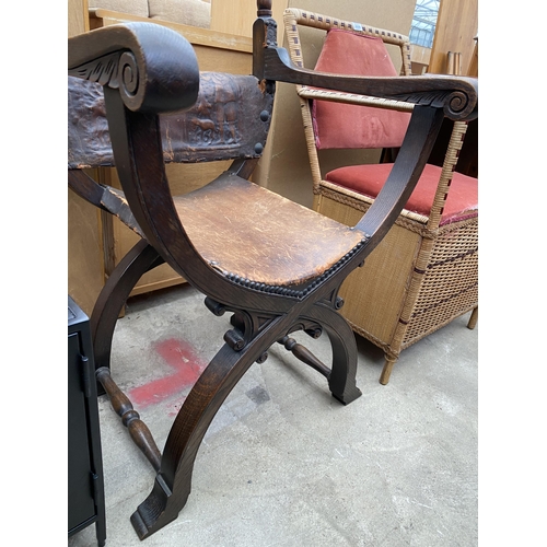 2640 - AN 18TH CENTURY STYLE OAK X FRAMED CHAIR WITH LEATHER BACK AND SEAT