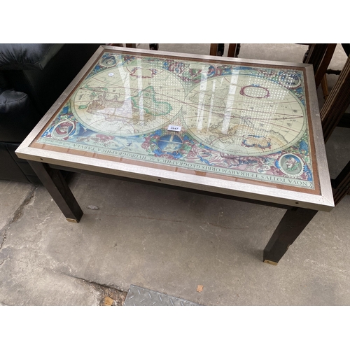 2647 - A COFFEE TABLE WITH METAL FRAME TOP ENCLOSING ANTIQUE STYLE WORLD MAP, 32