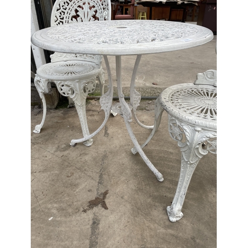 1501 - A WHITE CAST ALLOY BISTRO SET COMPRISING OF A ROUND TABLE AND TWO CHAIRS