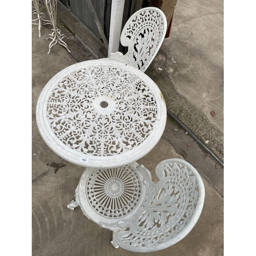 1501 - A WHITE CAST ALLOY BISTRO SET COMPRISING OF A ROUND TABLE AND TWO CHAIRS