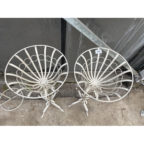 1502 - A PAIR OF DECORATIVE WHITE PAINTED METAL PLANT STANDS