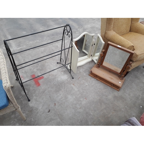 2700 - A PINE DRESSING MIRROR, PAINTED TRIPLE MIRROR AND METALWARE FIVE BAR TOWEL RAIL