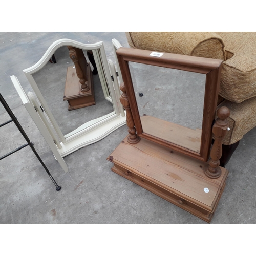 2700 - A PINE DRESSING MIRROR, PAINTED TRIPLE MIRROR AND METALWARE FIVE BAR TOWEL RAIL