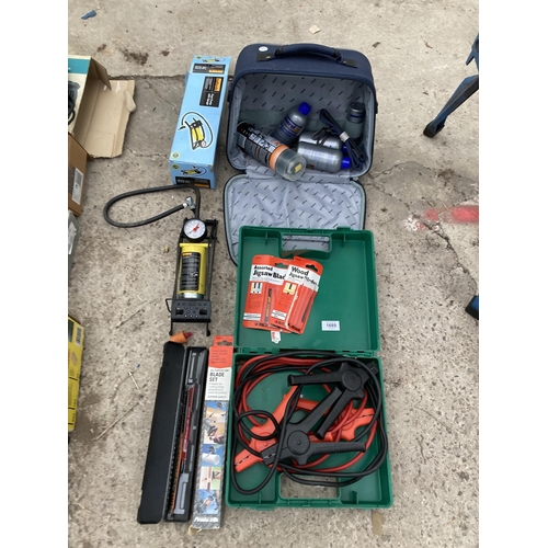 1689 - AN ASSORTMENT OF ITEMS TO INCLUDE  JUMP LEADS, A FOOT PUMP AND CAR CLEANING ITEMS ETC