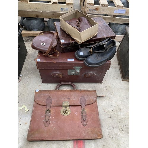 1745 - AN ASSORTMENT OF VINTAGE ITEMS TO INCLUDE A PURSE, CHILDRENS SHOES AND A BRIEFCASE ETC