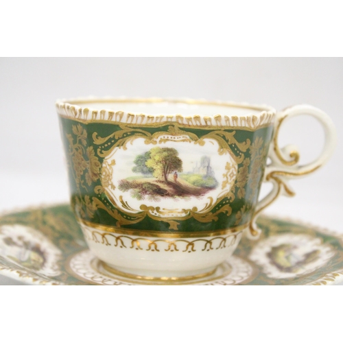 15 - A COALPORT CIRCA 1827 GREEN WITH SMALL SCENIC PANELS WITHIN GILT SCROLL BORDERS DEPICTING ENGLISH CA... 