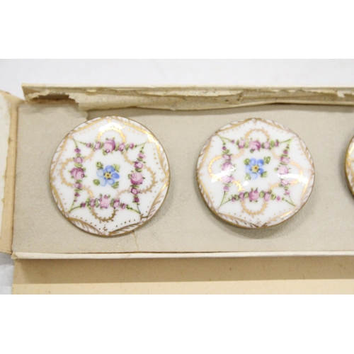 17 - A VINTAGE SET LATE OF 19TH CENTURT SIX PORCELAIN DRESDEN BUTTONS WITH FLORAL DESIGN, SIGNED DRESDEN ... 