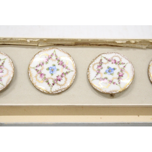 17 - A VINTAGE SET LATE OF 19TH CENTURT SIX PORCELAIN DRESDEN BUTTONS WITH FLORAL DESIGN, SIGNED DRESDEN ... 