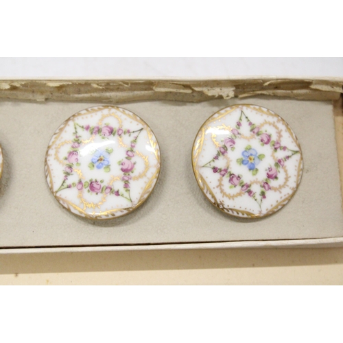 17 - A VINTAGE SET LATE OF 19TH CENTURT SIX PORCELAIN DRESDEN BUTTONS WITH FLORAL DESIGN, SIGNED DRESDEN ... 