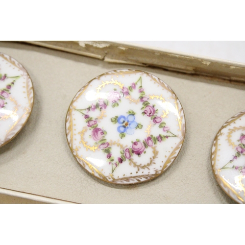 17 - A VINTAGE SET LATE OF 19TH CENTURT SIX PORCELAIN DRESDEN BUTTONS WITH FLORAL DESIGN, SIGNED DRESDEN ... 