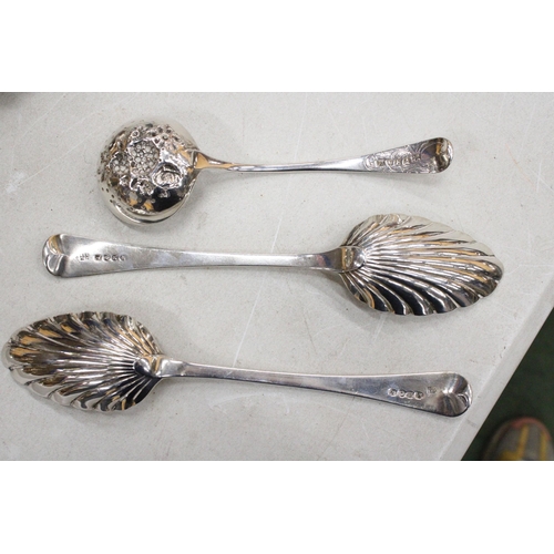 33 - THREE GEORGIAN SILVER ITEMS TO INCLUDE TWO DECORATIVE SERVING SPOONS AND A LADLE GROSS WEIGHT 181.8 ... 