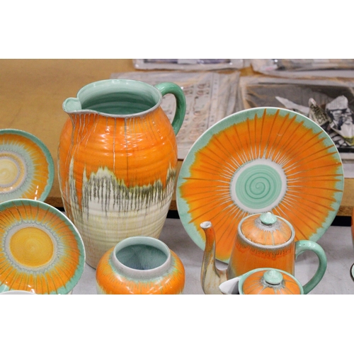 46 - A VINTAGE 1930'S SHELLEY HARMONY ORNAGE/GREEN DRIPWARE TO INCLUDE TEAPOT, TRIVET, HOT WATER POT, BUT... 