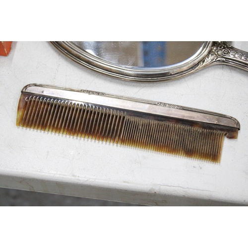 49 - FIVE MARKED STERLING SILVER ITEMS TO INCLUDE TWO BRUSHES, TWO MIRRORS AND AN EDGED COMB