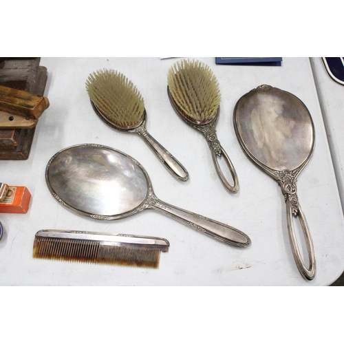 49 - FIVE MARKED STERLING SILVER ITEMS TO INCLUDE TWO BRUSHES, TWO MIRRORS AND AN EDGED COMB