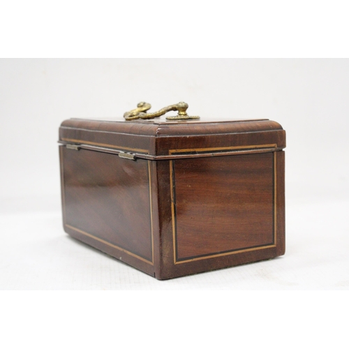 54 - AN INLAID TEA CHEST WITH KEY AND BRASS INTERIOR AND TEA CARDS