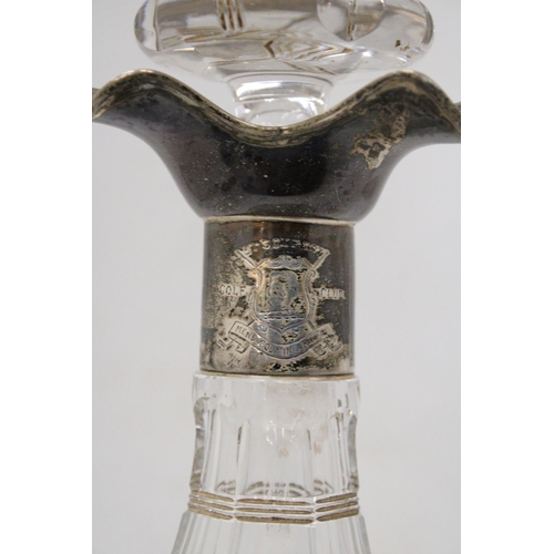 59 - A HALLMARKED SHEFFIELD SILVER GLUG DECANTER ENGRAVED STOCKPORT GOLF CLUB