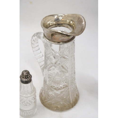 60 - A HALLMARKED 925 SILVER TOPPED CLARET JUG AND A GEORGIAN TOPPED SUGAR SIFTER