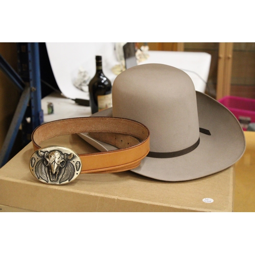 71 - A G H DUNN& CO LTD PICADILLY CIRCUS LONDON STETSON HAT SIZE 131 AND A LEATHER BELT WITH WESTERN DESI... 